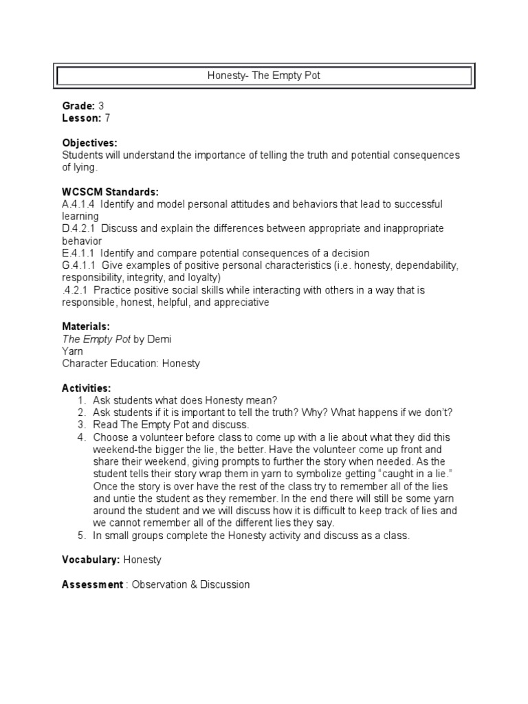 Grade 3 Lesson 7 Objectives The Empty Pot By Demi PDF