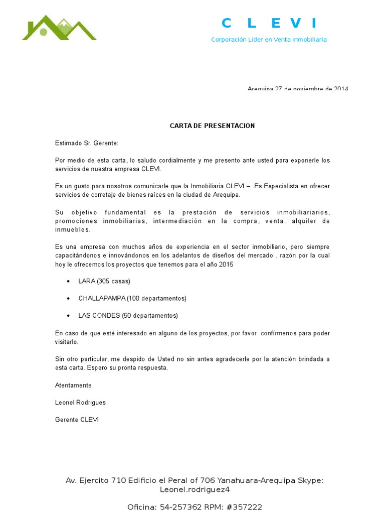 C L E V I: Carta De Presentacion