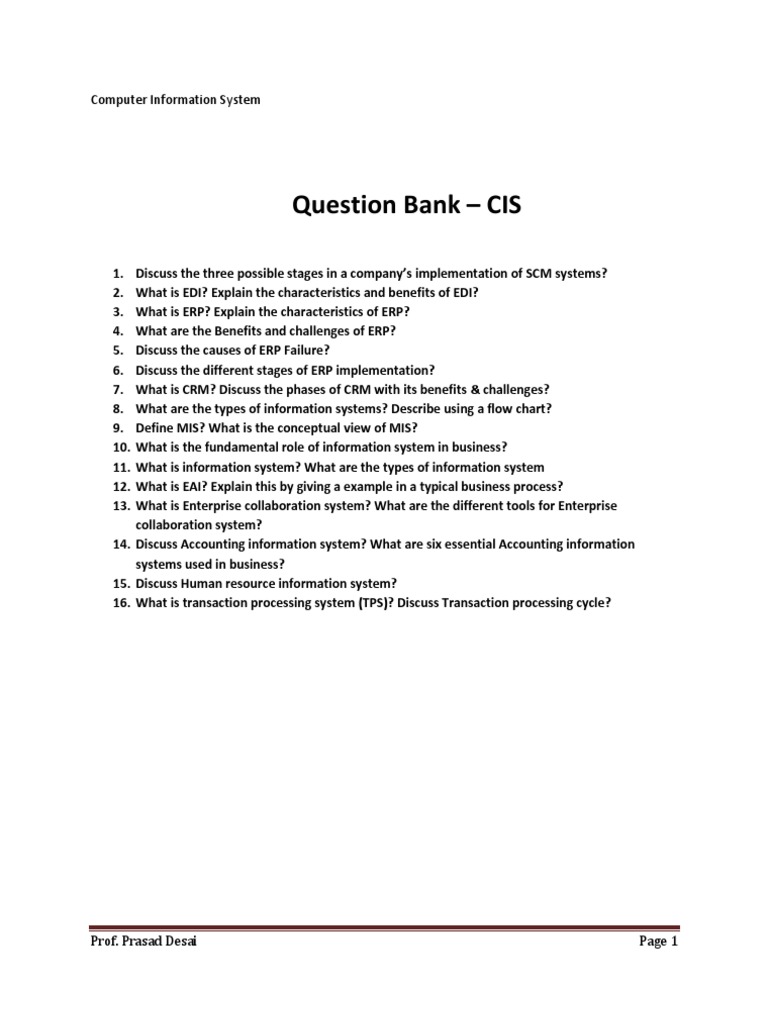 Question Bank - CIS | PDF | Enterprise Resource Planning | Information ...