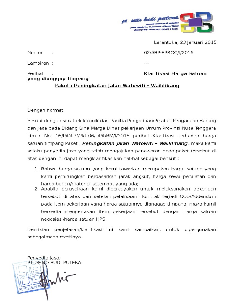 Surat Klarifikasi Harga Satuan