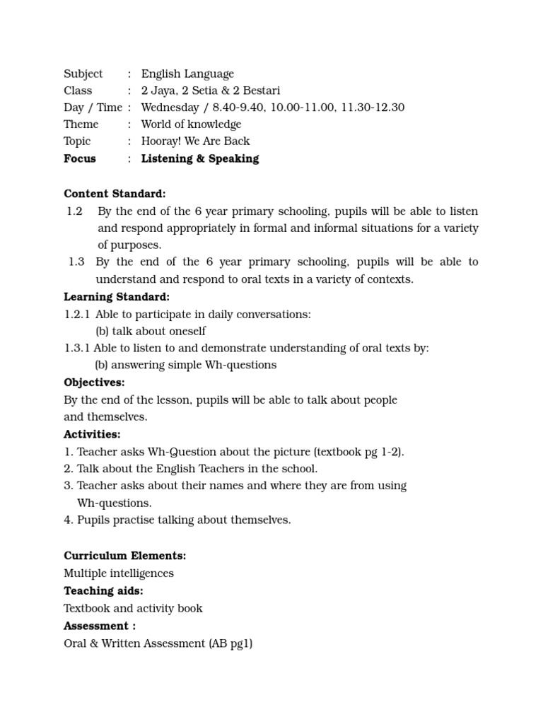 Sample Lesson Plan Kssr English Year 2 Sk Doc Question Educational Assessment