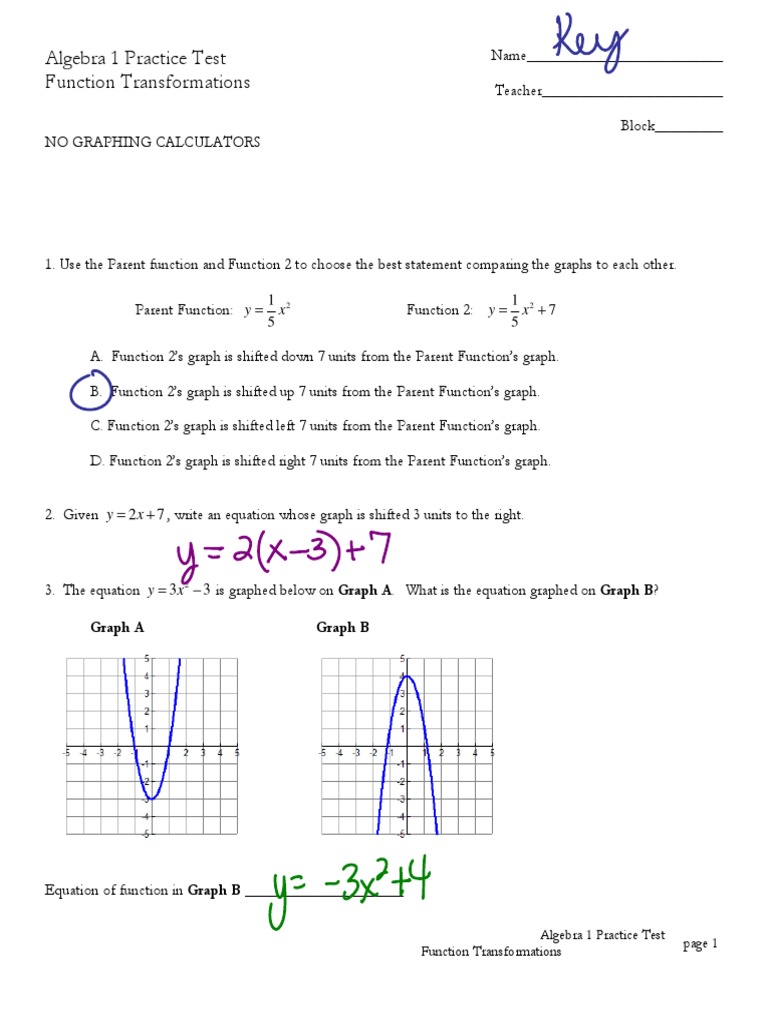 Practice Test 1 Key Function Mathematics Equations