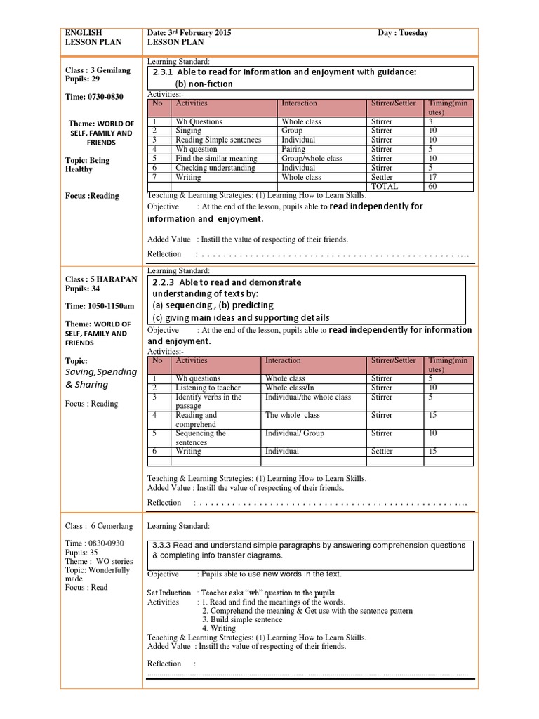 English Lesson Plans: Reading Focus | PDF