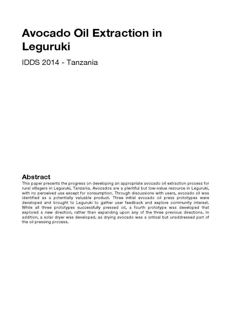 Developing an Appropriate Avocado Oil Extraction Process for Rural