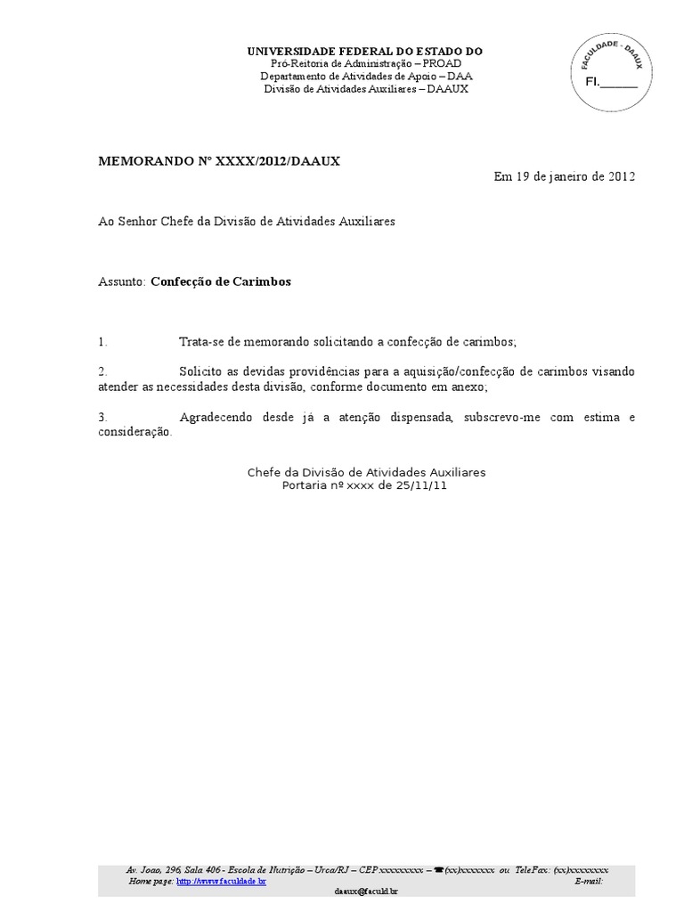 Modelo Memorando Solicitacao De Carimbo