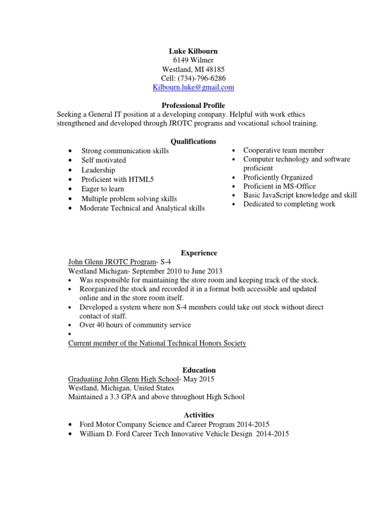 General IT Position Resume for Luke Kilbourn | PDF