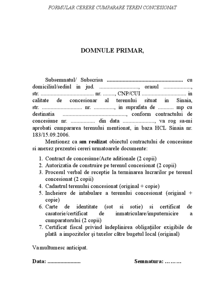 Cerere Cumparare Concesiune Model Doc