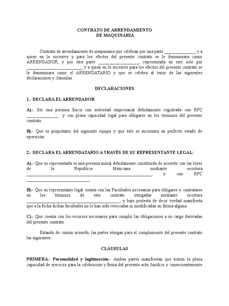 Modelo Contrato De Arrendamiento De Maquinaria Alquiler Gobierno