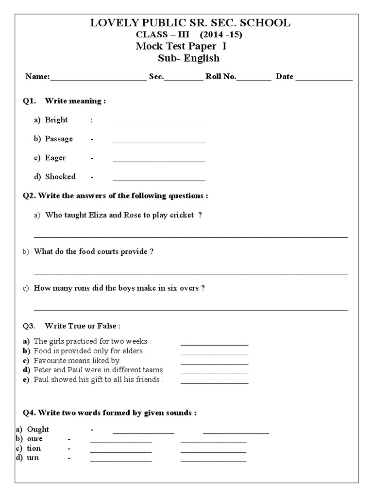 Class 3 English Mock Test Papers | PDF | Career & Growth
