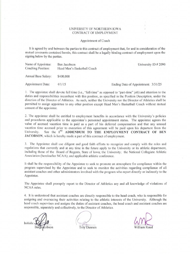 Ben Jacobson UNI Basketball Contract 2015 | PDF