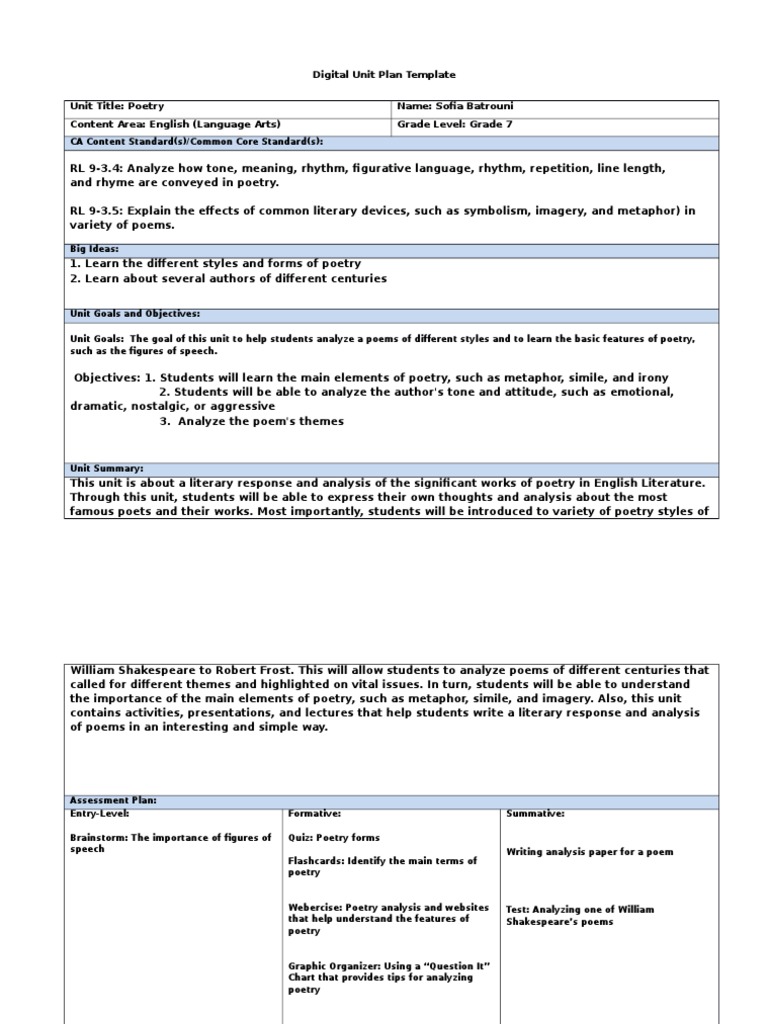 Digital unit plan template  Poetry  Semiotics