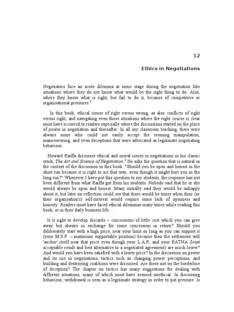 12 Ethics In Negotiations Pdf Negotiation Virtue