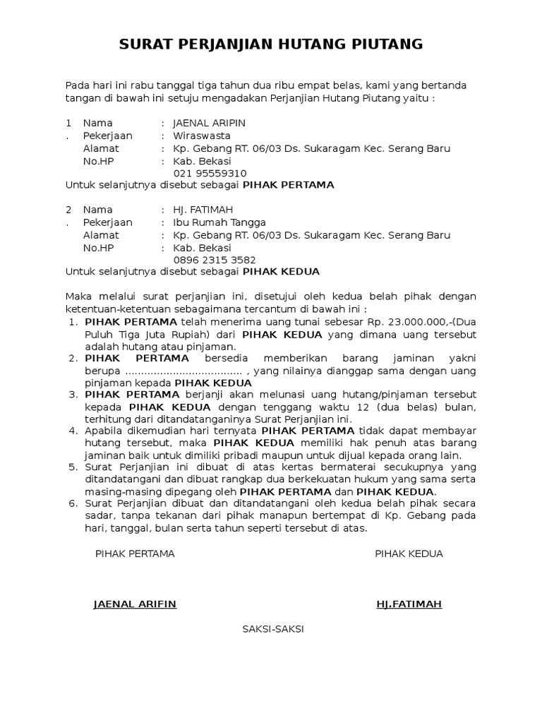 Contoh Surat Perjanjian Hutang Piutang Pdf