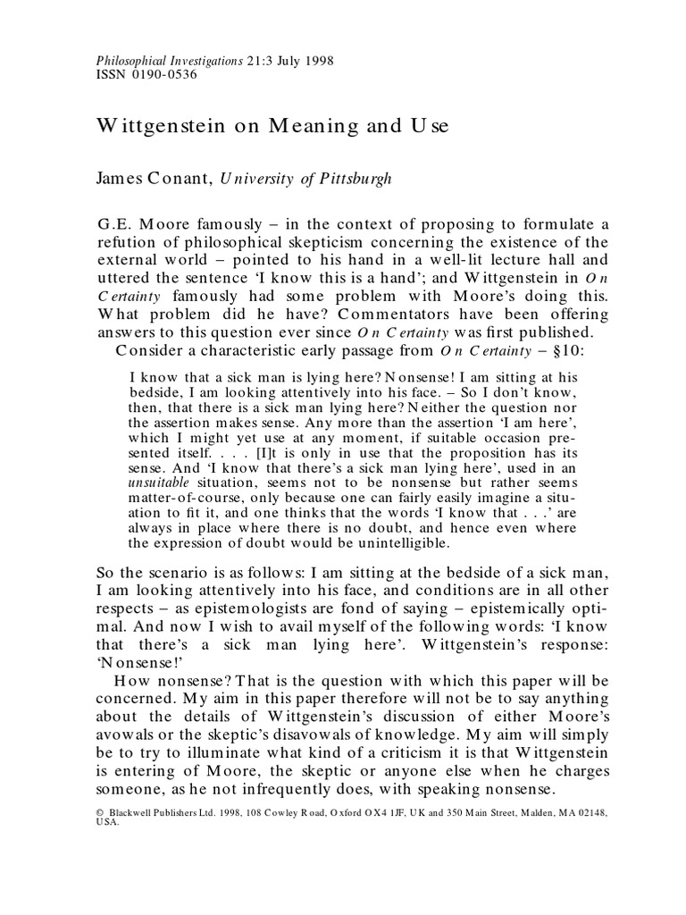 Conant (1998) Wittgenstein On Meaning and Use PDF Proposition
