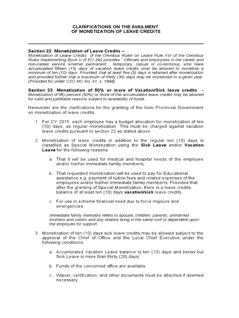Clarifications on the Availment of Monetization of Leave Credits | Sick ...