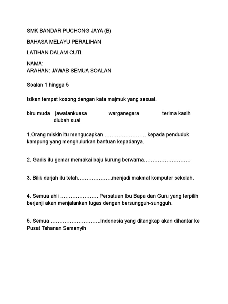 Latihan Bahasa Melayu Kelas Peralihan