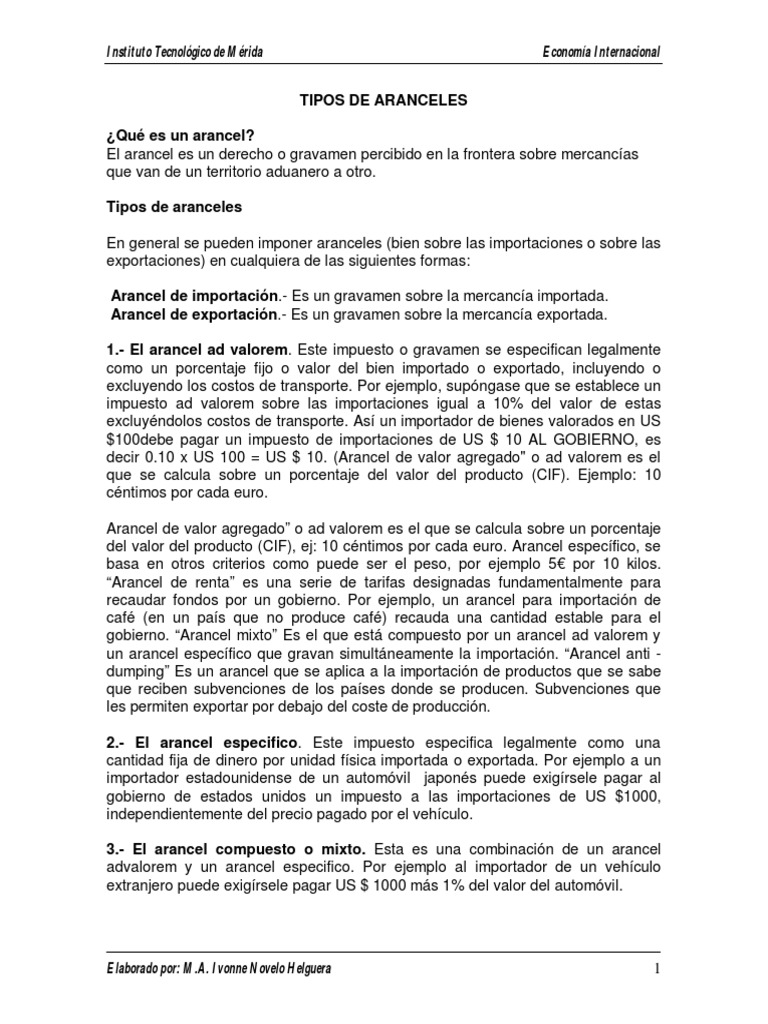 Tipos de Aranceles en Economía Internacional | PDF | Importaciones ...