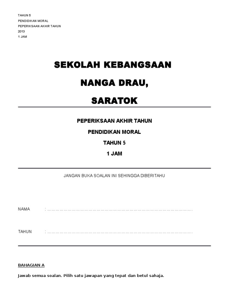 Lembaran Kerja Pendidikan Moral Tahun 5 2020