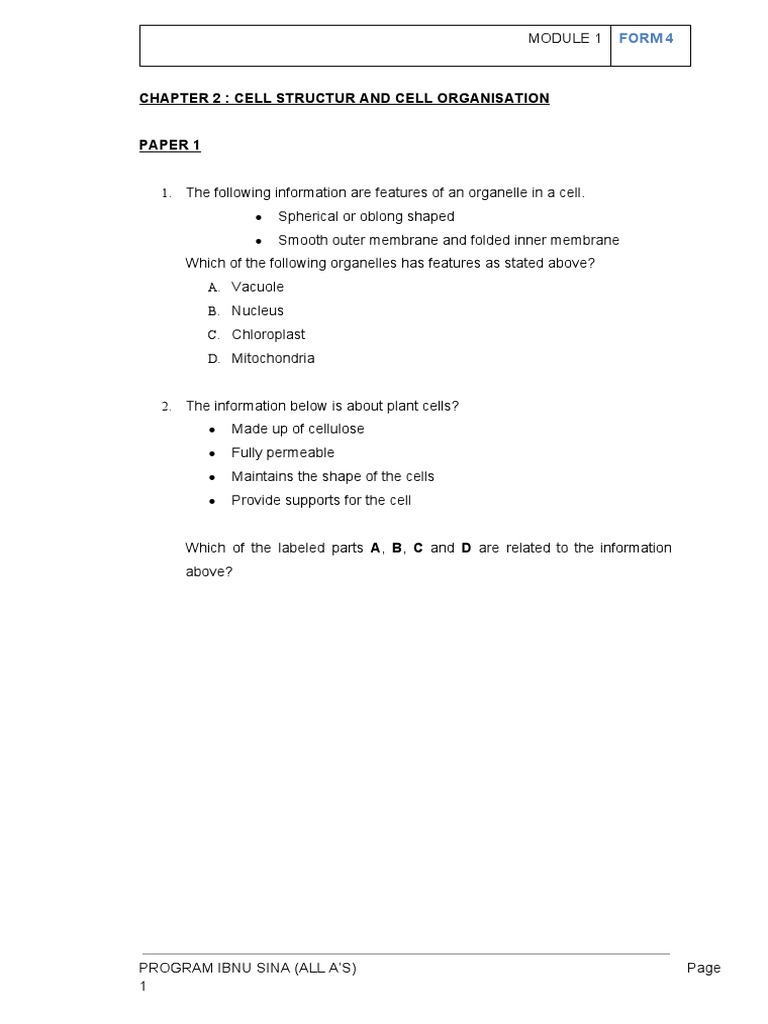 Chapter 2: Cell Structur and Cell Organisation: Form 4 | PDF ...