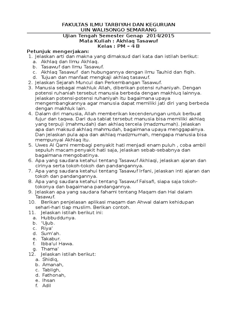 Soal Uts Ilmu Tasawuf Jawaban Cerdas