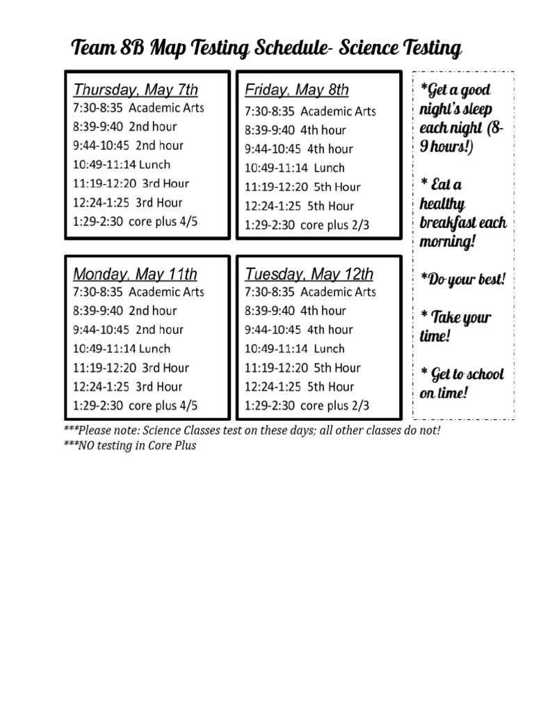 Team 8B Map Testing Schedule-Science Testing | PDF