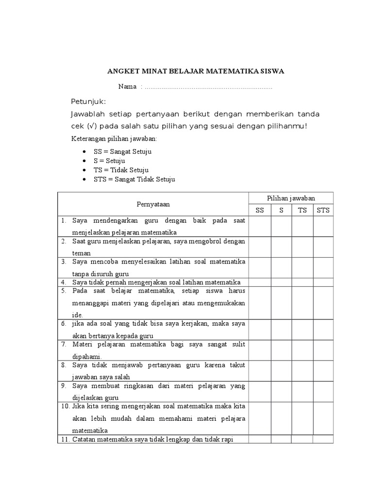 Angket Minat Belajar Matematika Siswa