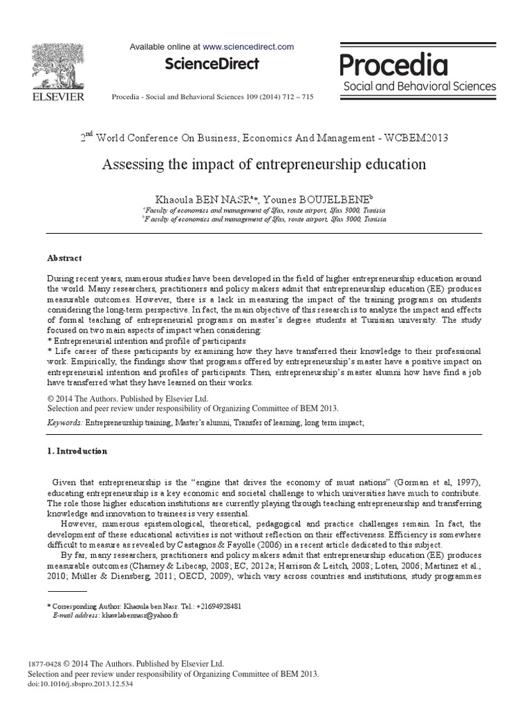 Assessing The Impact of Entrepreneurship Education | PDF ...
