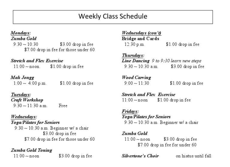 Weekly Class Schedule Modified From C 4-30-15 | PDF | Physical Exercise ...