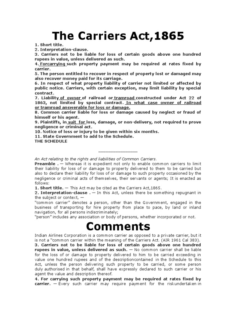 The Carriers Act, 1865 Common Carrier Negligence