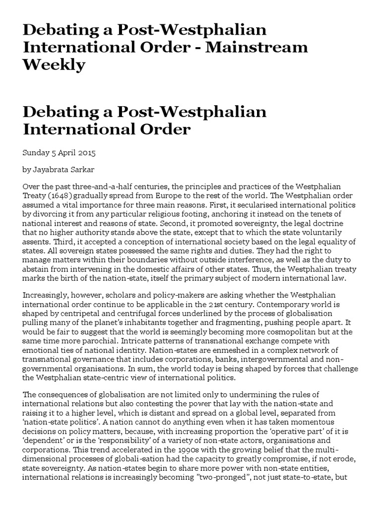 Debating A PostWestphalian International Order Mainstream Weekly