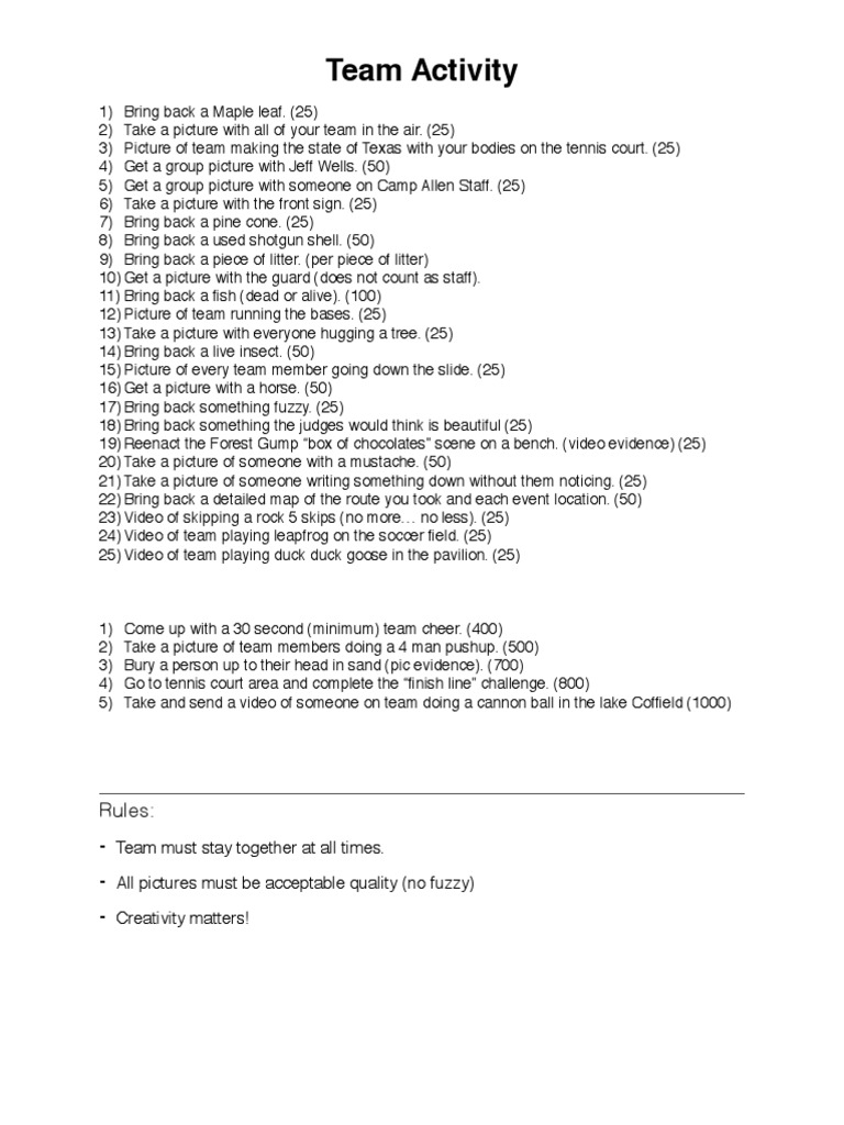 Team Building Photo and Activity Challenge | PDF