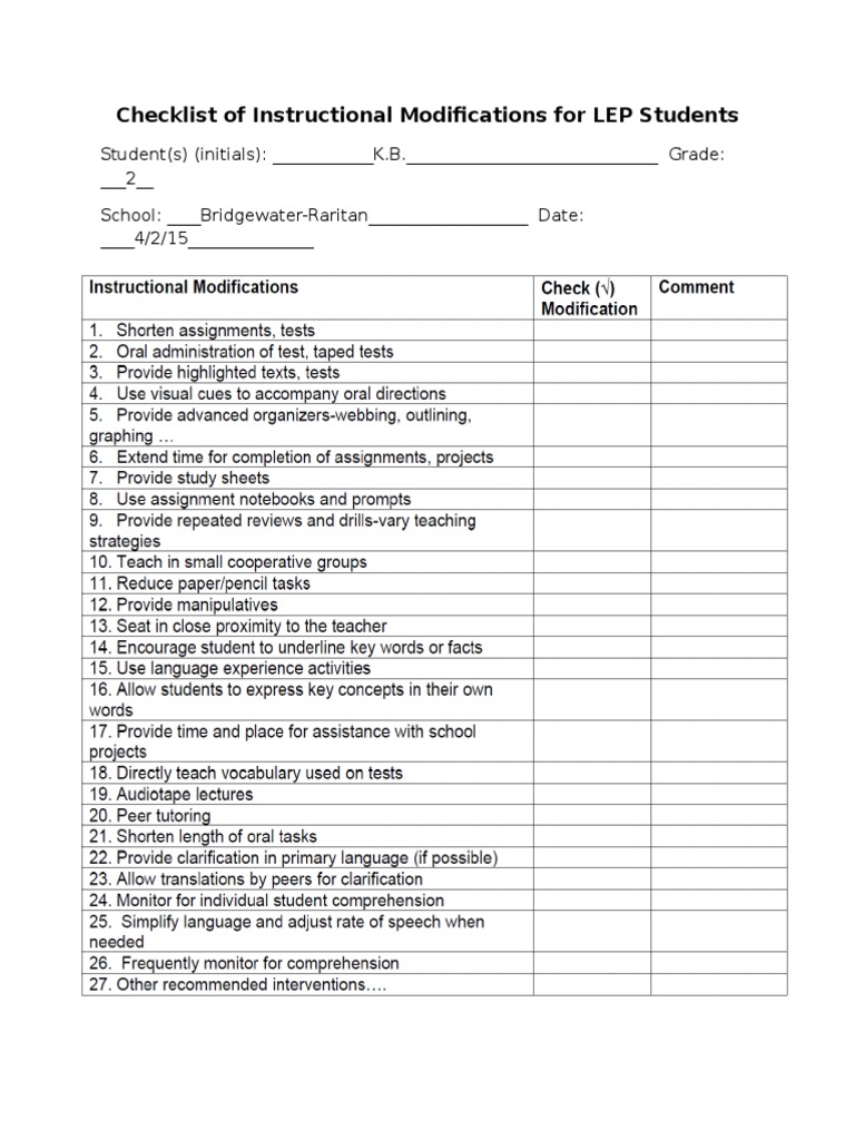 Educ 359 Checklist Lep Students | PDF | Reading Comprehension | Classroom