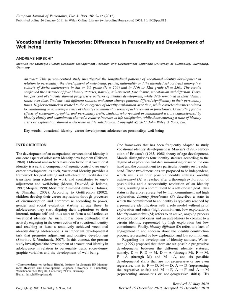 Vocational Identity Trajectories Differences in Personality and ...