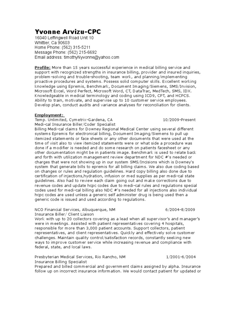 Yvonne Arvizu: Healthcare Billing Specialist | PDF | Health Care | Business