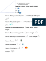 General Volume For Prism (Area of The Base) Height: The Westminster School Mensuration Formulas