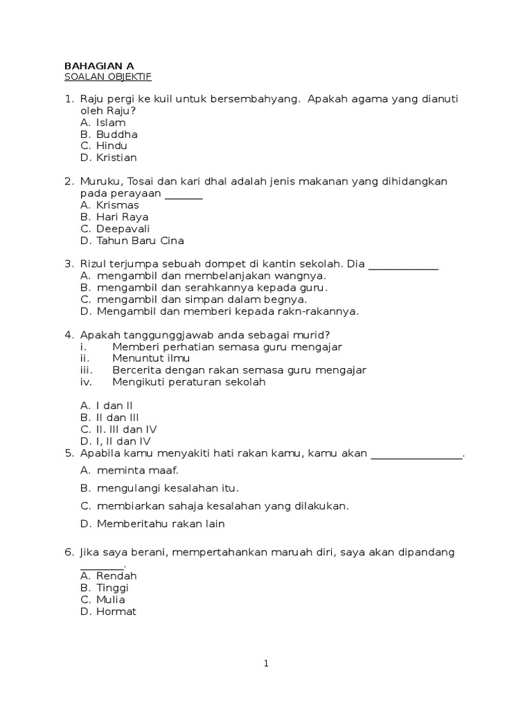 Soalan Ujian Pendidikan Moral Tahun 3