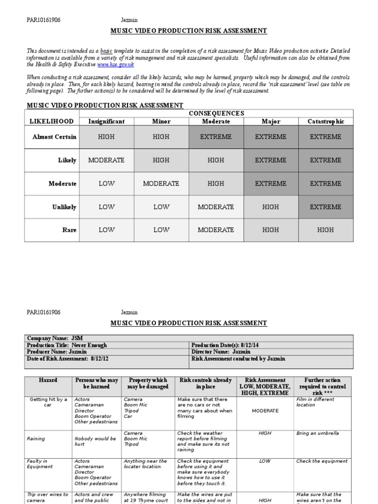 Music Video Production Risk Assessment | PDF | Risk Assessment | Risk
