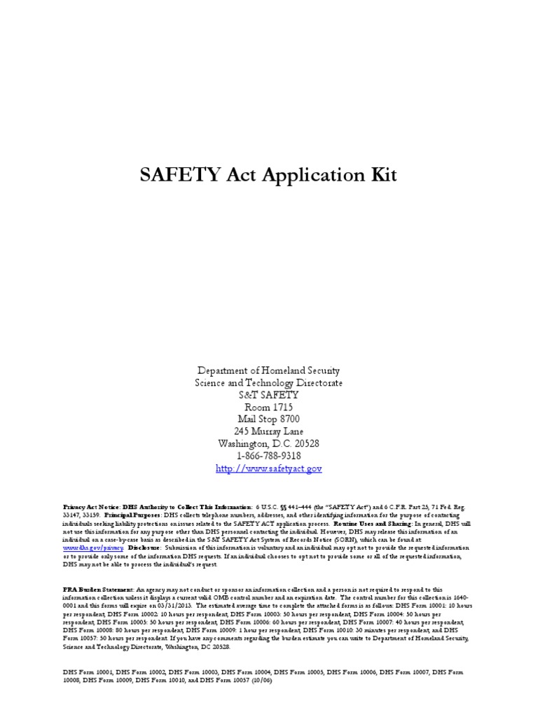 SAFETY Act Application Kit PDF United States Department Of Homeland
