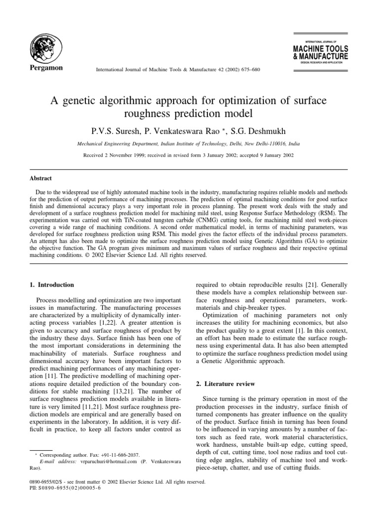 A Genetic Algorithmic Approach For Optimization of Surface Roughness ...
