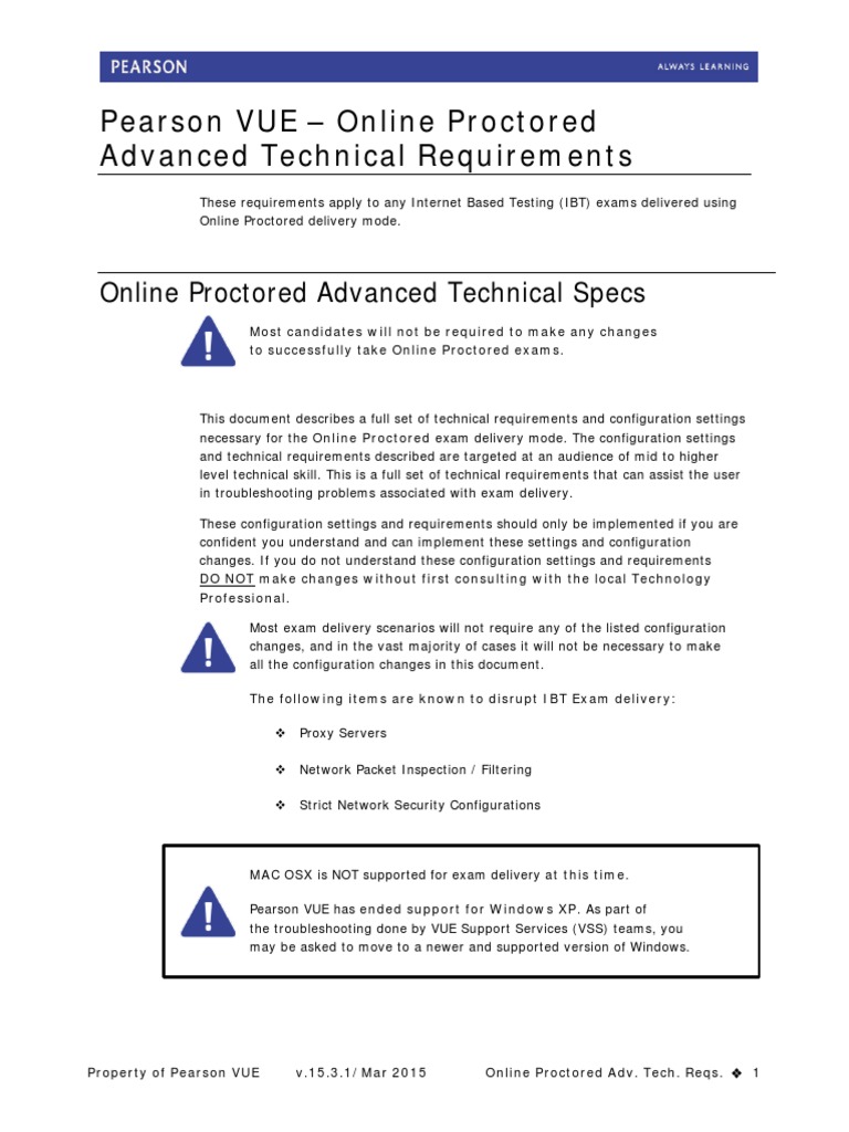 Pearson VUE Online Proctored Advanced Technical Requirements PDF