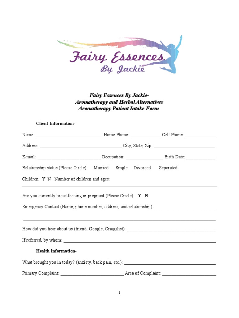 Aromatherapy Patient Intake FormBlank Irritable Bowel Syndrome