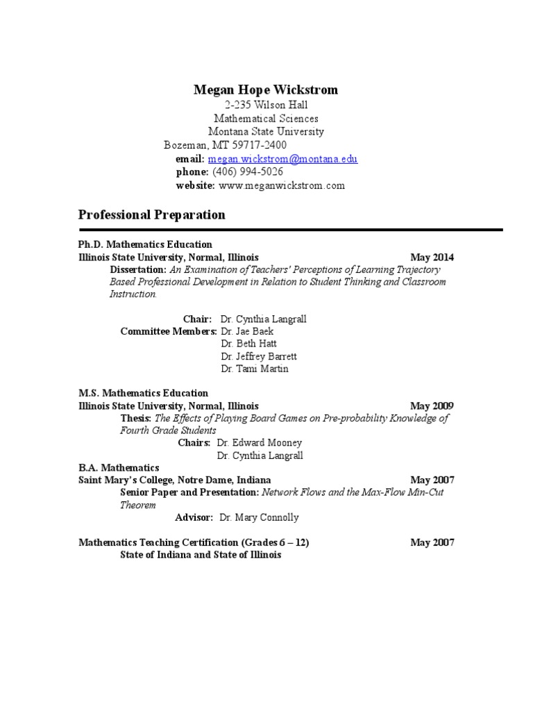 Megan Hope Wickstrom 2235 Wilson Hall Mathematical Sciences Montana