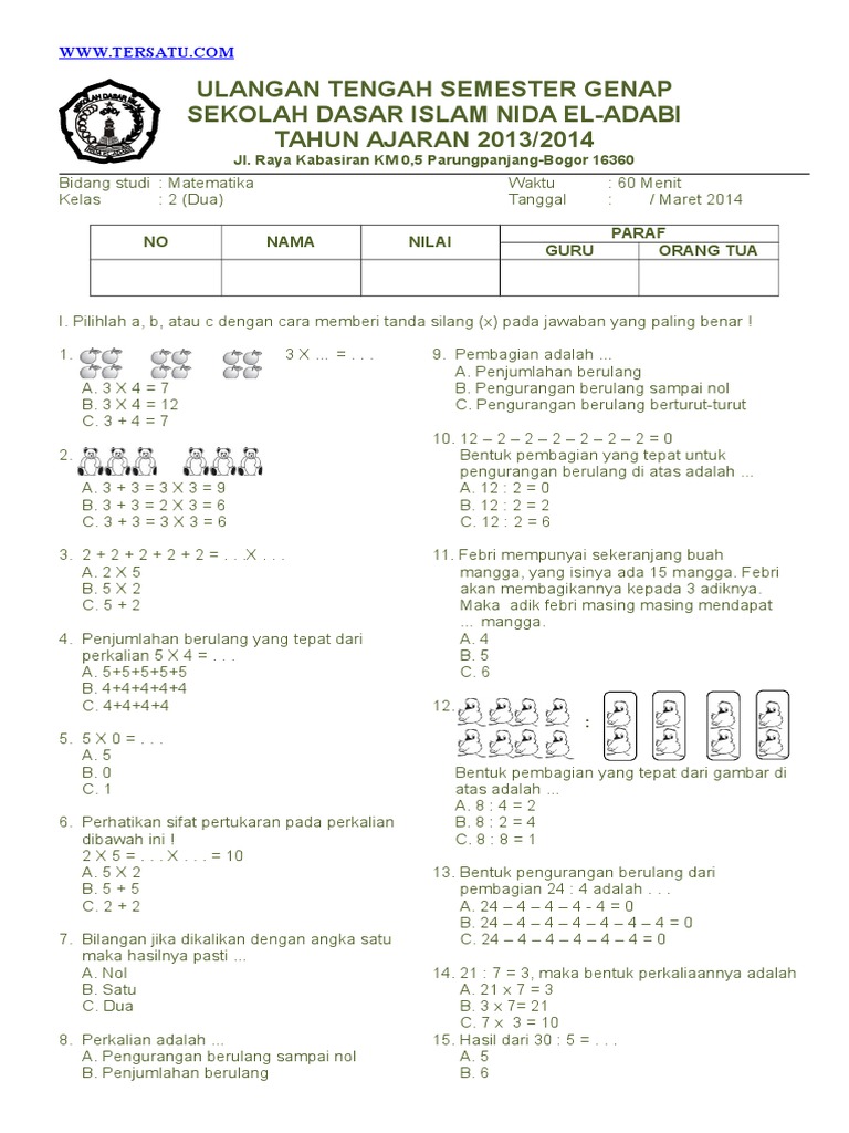 Contoh Soal Uts Genap Matematika Kelas 2 Sd Semester 2