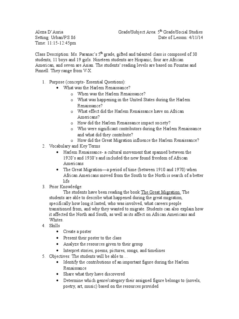 Harlem Renaissance Lesson Plan | PDF | Harlem Renaissance | The United ...