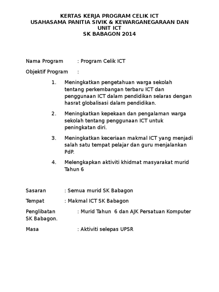 Contoh Kertas Kerja Program Ict