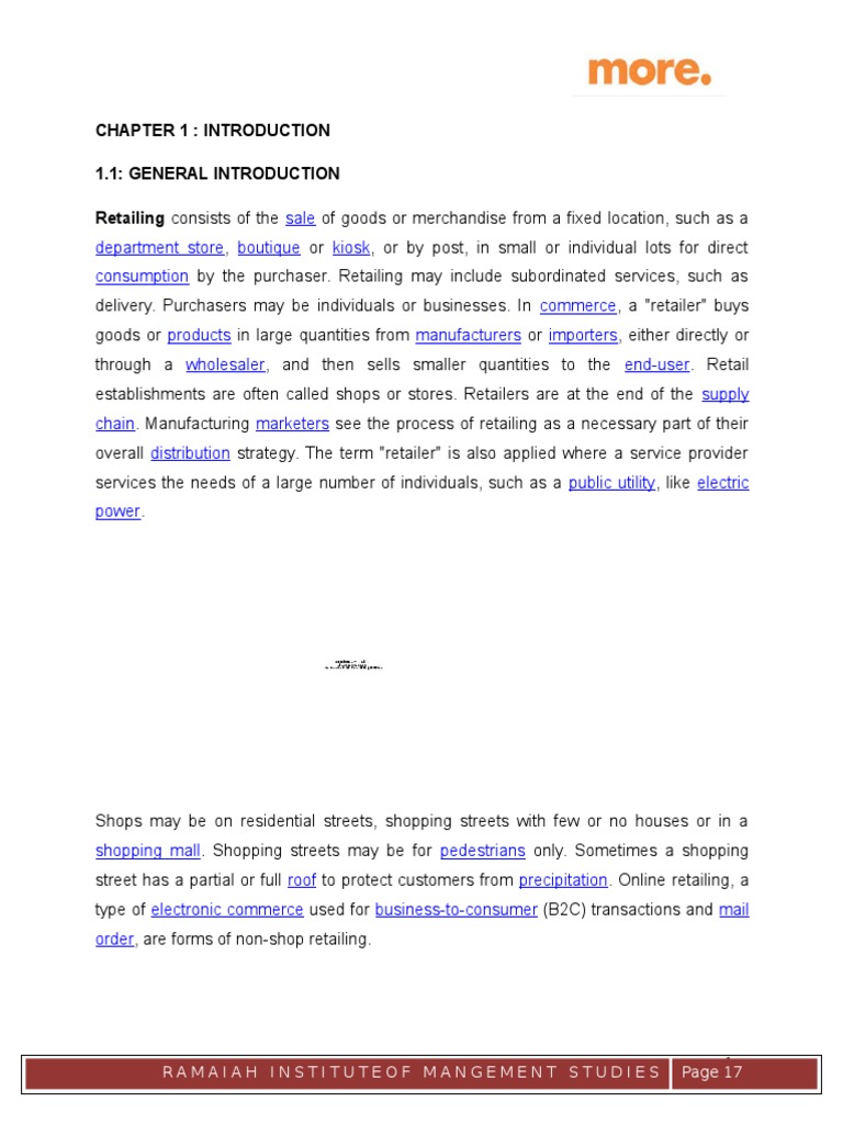 Chapter 1: Introduction 1.1: General Introduction Retailing Consists of ...