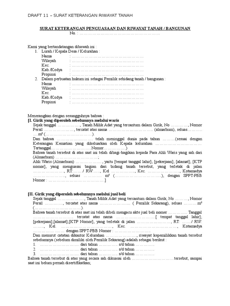 Surat Keterangan Riwayat Tanah Untuk Tanah Tidak Bersertifikat I E Letter C Girik Etc