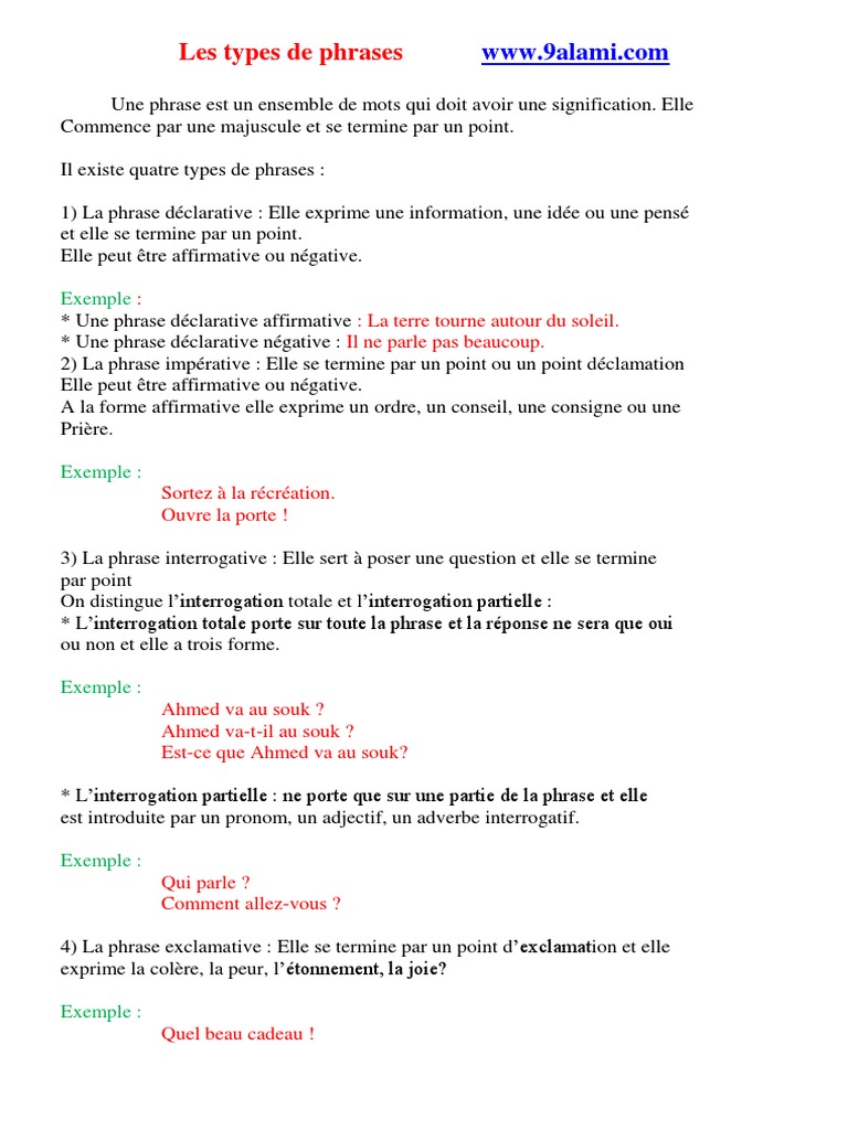 Les Types De Phrases Pdf