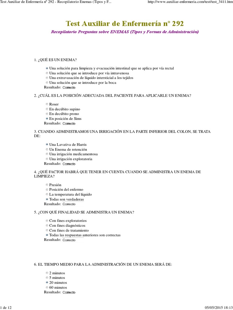 Test Auxiliar de Enfermería nº 292 Gastroenterología Especialidades