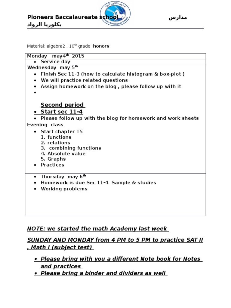 Pioneers Baccalaureate Math Schedule | PDF | Language Arts & Discipline